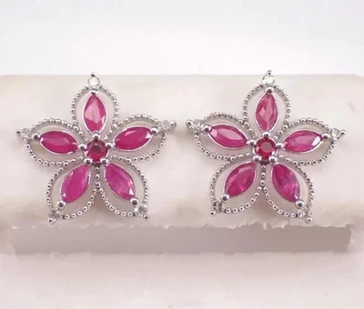 Lab-Created Pink Ruby 2.50Ct Marquise Cut Flower Stud Earrings White Gold Plated - Image 1 of 4