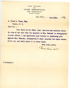 1895 New York Attorney Letter Signed Leon Kronfeld Mrs. Newcomb Stenographer - Picture 1 of 2