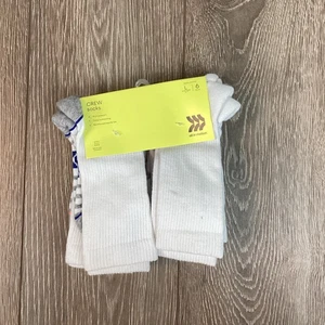 All In Motion Crew Socks White L 6 Pack support Cushion Stripe Moisture Wicking - Picture 1 of 4