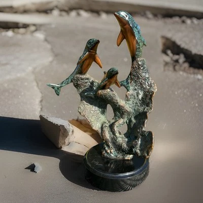 STUNNING! DONJO 2000 Dolphin Copper Sculpture Signed 16” Sea Life Bronze Artwork - Image 1 of 4