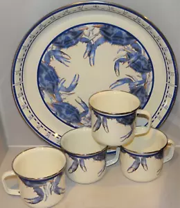 Juego de 4 tazas de sopa esmaltadas de cangrejo azul náutico Golden Rabbit y esmalte de bandeja - Imagen 1 de 10