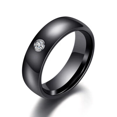 6MM Black/White Plating Ceramics Wedding Band Women's AAA CZ Gift Ring Size 6-10 - Image 1 of 4