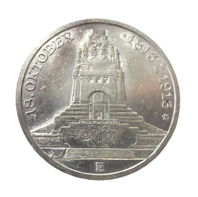 德国 3 马克 1913 年 E 萨克森周年莱比锡战役银币帝国 WW1 — 第 1/4 张图片