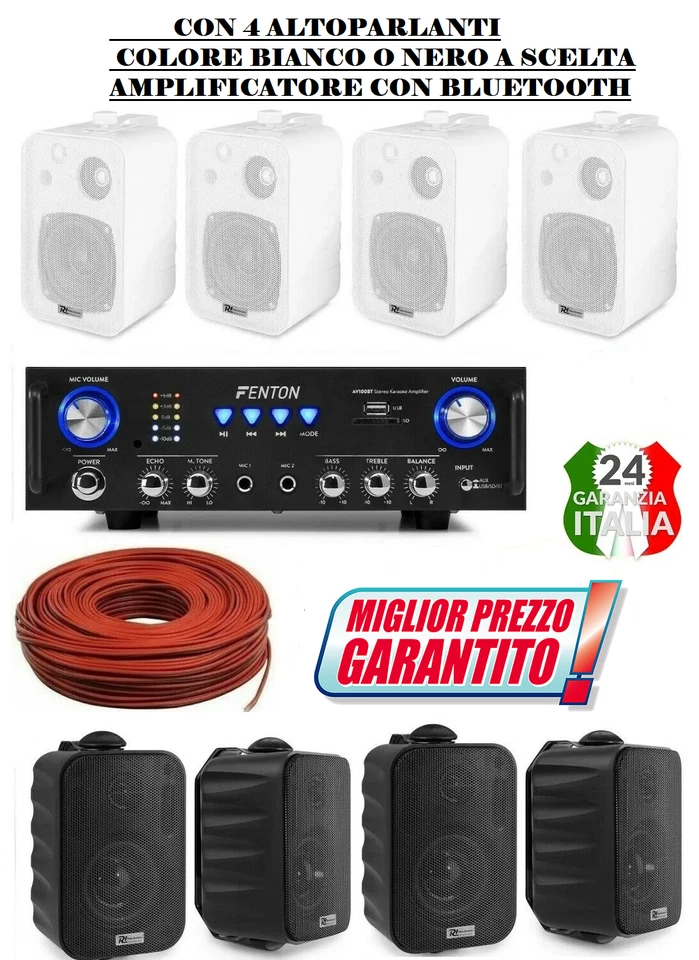 IMPIANTO AUDIO FILODIFFUSIONE LOCALI 100Watt+ 4 Altoparlanti+Bluetooth+ Cavo - Immagine 1 di 2