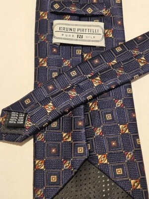 Bruno Piattelli 100% 真丝提花男式礼服领带蓝色带棕色 + 金色 — 第 1/4 张图片