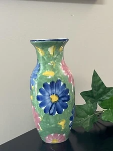 Vintage K’s Collection Hand-Painted Bud Vase Pottery 7” Blue Pink FloralBulbous - Picture 1 of 10