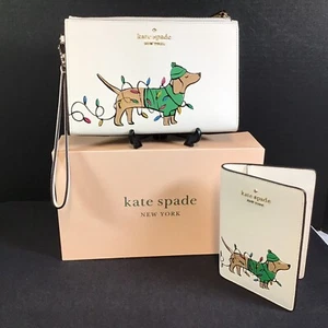 Kate Spade Claude Dachshund Dog Passport Holder & Wristlet Holiday Cream NWT - Picture 1 of 13