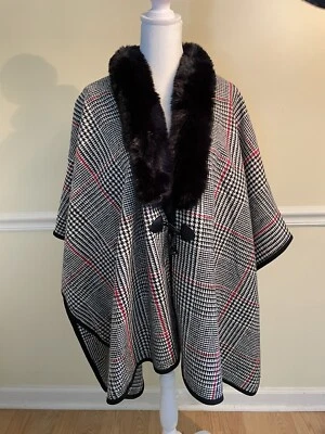 Jones NY Capa Abrigo Mujer Talla Única Poncho Pata de Gallo con Cuello Negro Imitación Piel Foto 1 de 4