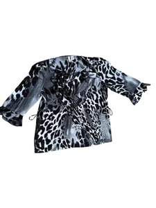 Sami & Jo Leopard Print Ruffle Blouse XL Polyester 3/4 Sleeve Tie Detail Black - Picture 1 of 5
