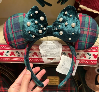 Autentico HK Disney 2025 Natale Topolino Minnie Plaid Perline Cerchietto Orecchio - Immagine 1 di 2