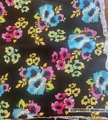 Cotton/ Rayon/ Poly Knit - Pink, Blue, Green Floral on Black - 1.3yds - Image 1 of 4