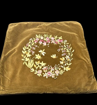 Винтажная наволочка оливковый зеленый бархат цветочный шелк лента вышивка коттедж ядро - Изображение 1 из 4
