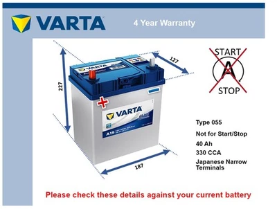 Battery fits MITSUBISHI i LANCER COLT 1.2 1.3 1.4 1.6 78 to 13 Varta 055 330A - Image 1 of 4