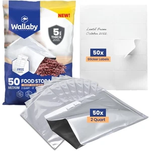 50 Count 2-Quart Mylar Bags with Labels, 10 Mil Total Thicker Long-Term Food ... - Picture 1 of 7