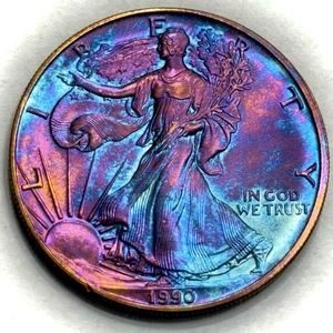 American Silver Eagle 1990 Uncirculated 1oz .999 Fine $1 Monster Rainbow Toning - Picture 1 of 14