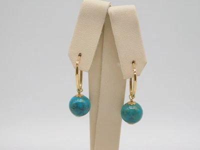 DESIGNER MILOR 14K SOLID YELLOW GOLD TURQUOISE STONE HOOP DANGLE EARRINGS - Image 1 of 4