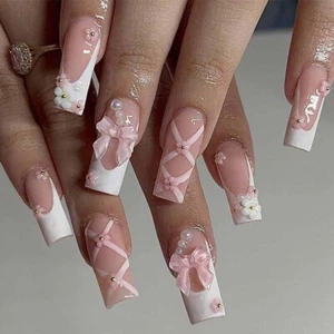 Press on Nails Medium Long Rhinestone Pink Fake Nails Square Bling Glossy 3D Flo - Picture 1 of 6