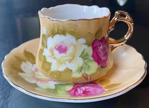 Vintage Lefton Brown Rose Heritage Demitasse Small Cup & Saucer Gold Trim - Picture 1 of 12