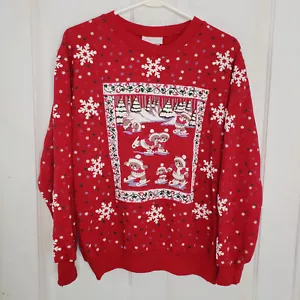 Vintage Christmas Crewneck Sweatshirt AOP Medium Red Bears Snowflakes Spumoni - Picture 1 of 8