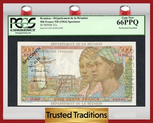 TT PK 51s 1964 REUNION 500 FRANCS PCGS 66 PPQ GEM NEW NONE GRADED FINER - Bild 1 von 2