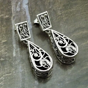 Mother Gift Solid 925 Sterling Silver Art Deco Teardrop Dangle Earrings - Picture 1 of 5