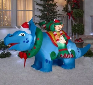 CHRISTMAS 8.5' GEMMY TRICERATOPS WITH ELVES SCENE Airblown Inflatable dinosaur - Picture 1 of 3