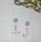 Nautical Anchor Charm Blue White Striped Bead Dangly Earrings