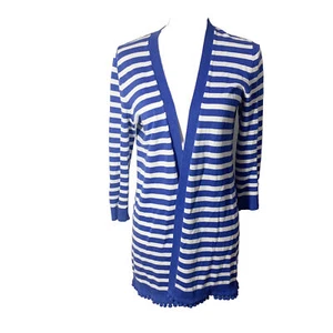Cárdigan abierto Talbots Natalie azul blanco a rayas talla S pompón dobladillo usado en excelente estado - Imagen 1 de 12