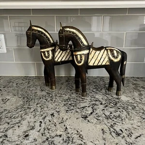 set of 2 vintage Antique wood mosaic horses Ornate carving sculpture Brass - Picture 1 of 12
