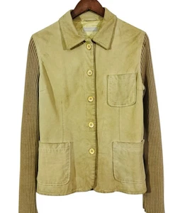 Massimo Dutti Womens Sheep Suede Knit Jacket Tan Size XL Ribbed Lined Pockets - Picture 1 of 12