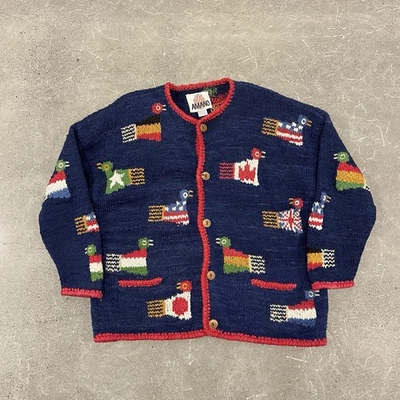 Cárdigan Suéter Amano Grande Azul Animales Lana Colorido De Colección Hecho a Mano Tejido Foto 1 de 4