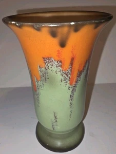 Vintage Czechoslovakia Drip Glaze Vase Art Pottery 5.5" Tall Orange & Green - Picture 1 of 6