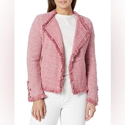 NIC+ZOE Fringe Mix Knit Blazer Jacket Statement Tweed Pink Medium Office Career - Image 1 of 4