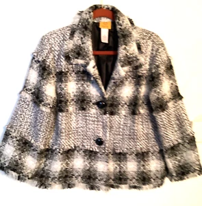 Ruby Rd Womens Size 14 Black & White Metallic Fringed Plaid Lined Jacket - Picture 1 of 8