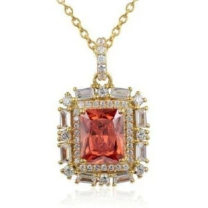 2Ct Emerald Cut Halo Red Ruby Pendant Necklace With Chain 14K Yellow Gold Finish - Picture 1 of 5