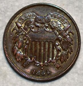 Uncirculated 1864 Two Cent Piece, Razor-Sharp specimen.