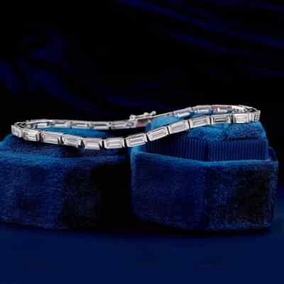 925 Sterling Silver Ladies Tennis Bracelet Lab Created Baguette Diamonds Women - Image 1 of 2