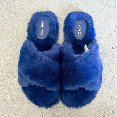 Nine West Dark Blue Cross Fur Slide Slippers  - Imagem 1 de 4