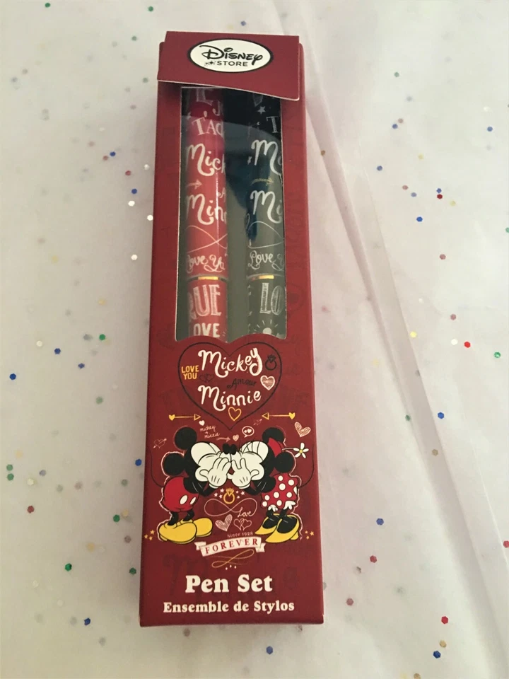 I Love Mickey & Minnie Mouse Ballpoint Gold Tone Pen Pens Set Authentic Disney
