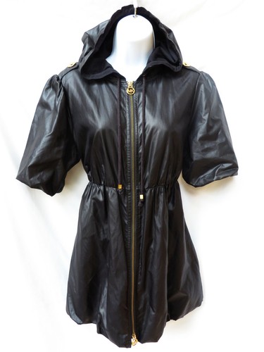 Giacca cappotto MICHAEL KORS donna nero nylon verniciato con cappuccio logo oro zip M