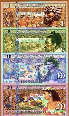 SET, Pacific States of MMP, $1-5-10-20, 2018 edizione privata polimero, esotico - Immagine 1 di 4