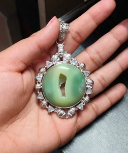 Ciondolo rotondo in agata druzy finestra verde argento sterling 925 quarzo... - Foto 1 di 5