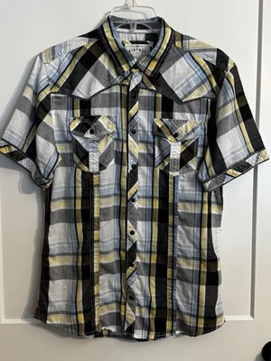 Camisa BKE Vintage 1967 Cuadros Vaquero Occidental Perla A Presión Manga Corta Abotonada L Foto 1 de 4