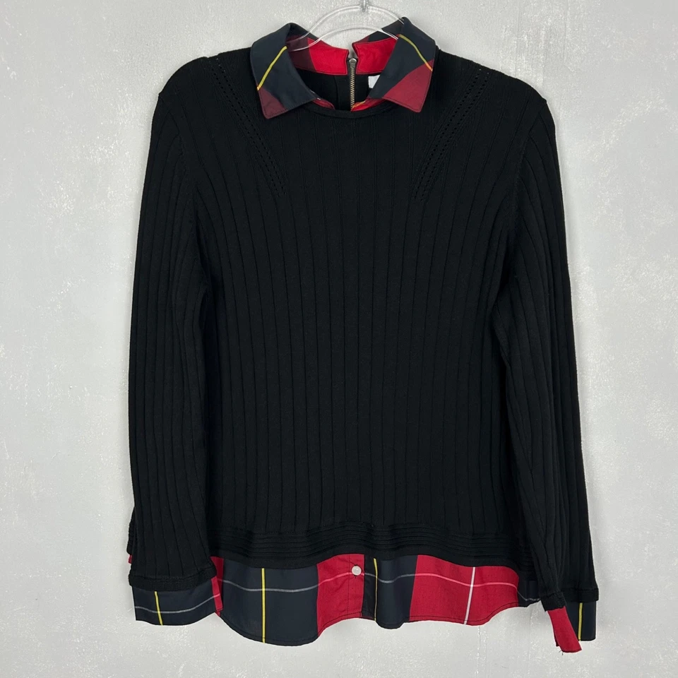 Foxcroft plus size 1X twofer layered sweater black red plaid cotton stretch - Image 1 of 4