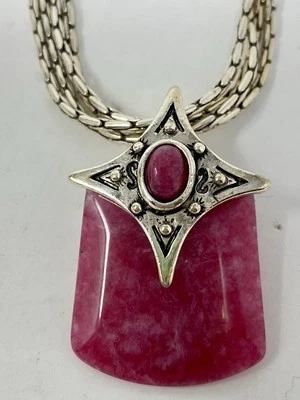 Jaspberry Pink Stone Pendant Necklace Multi Strand Silver Tone Magnetic Clasp - Image 1 of 4