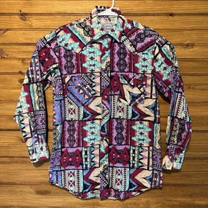 Vintage 90s Pearl Snap Aztec Shirt Mens Size 15.5 All Over Print South Western - Picture 1 of 9