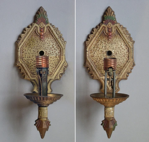 Pair Antique Polychrome Markel Wall Light Sconces ~ Needs Rewiring Cover