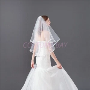 Women Classic Two Tiers Ribbon Wedding Veil Cathedral Bride Bridal Hen's Night - Bild 1 von 41