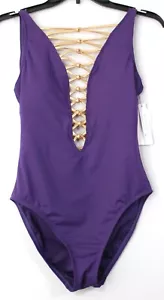 BLEU By Rod Beattie Knotted Lace Down One PC Swimsuit Size 4 Purple Retail $109 - Picture 1 of 4