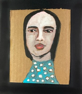 Original Woman Portrait Painting Naive Primitive Wall Art Polka Dots Miz Katie - Image 1 of 4